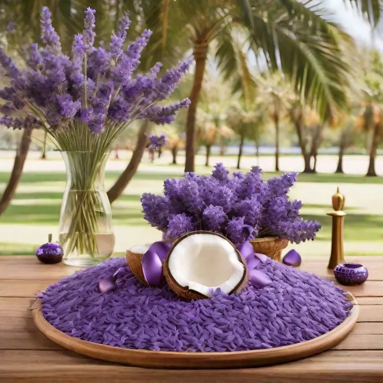 Container with lavender and a coconut
